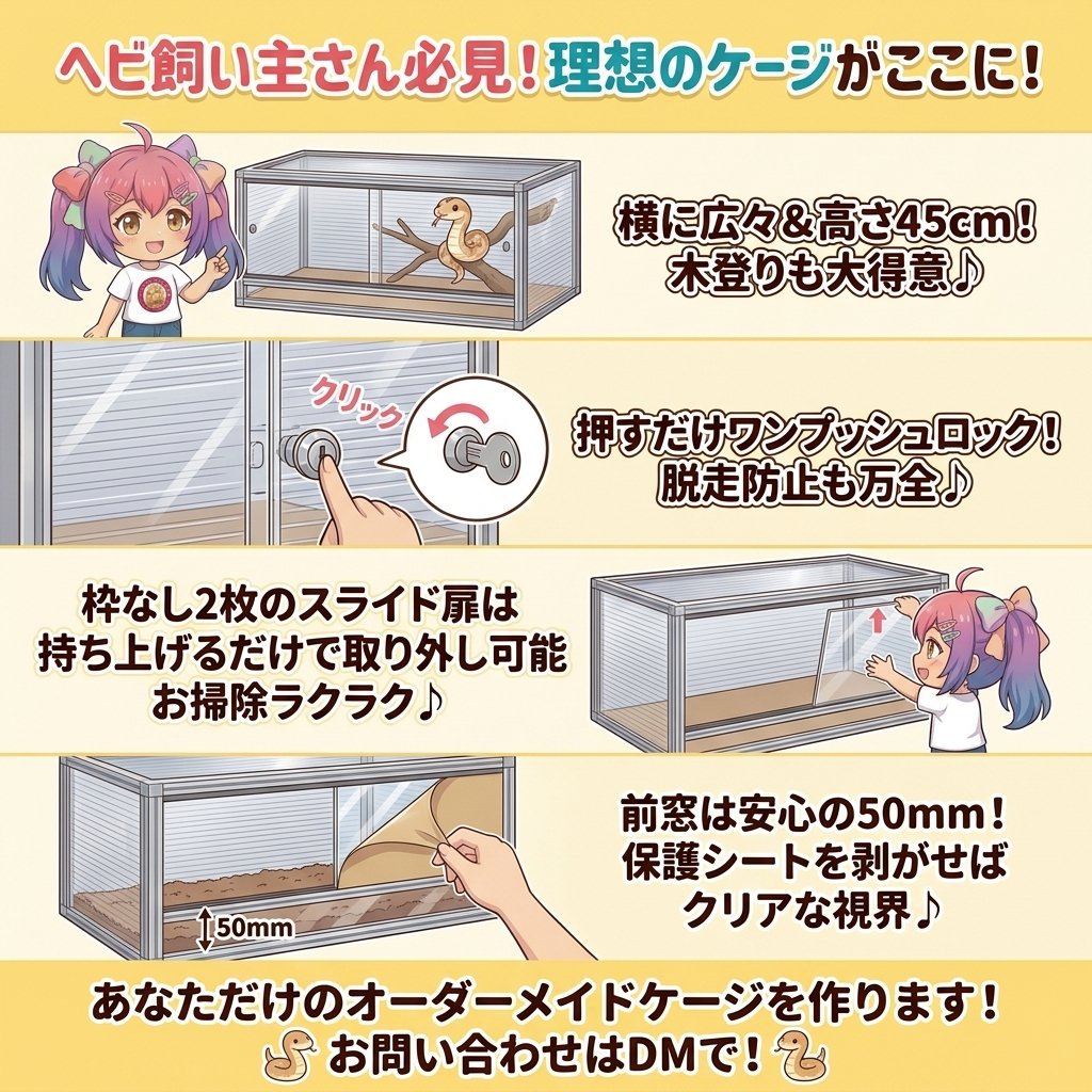 【アオダイショウ専用】木登りも大得意！安心の脱走防止と快適なお掃除を両立した「前窓付TypeC」オーダーケージ🐍✨
