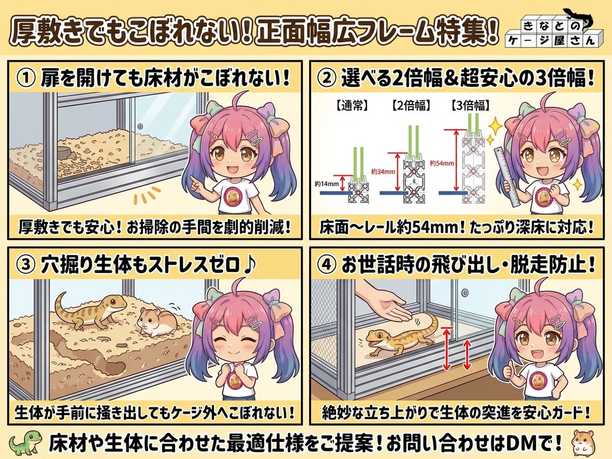 【厚敷きでもこぼれない！】床材こぼれ＆生体の飛び出しを徹底ガード！「正面幅広フレーム」の3倍幅（約54mm）を詳しくご紹介🦎✨🐹