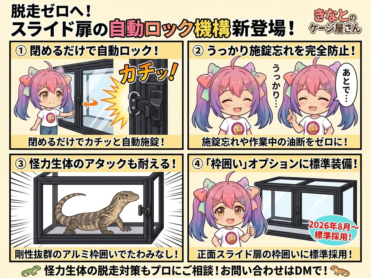 【もう脱走させない！】閉めるだけでカチッと自動施錠！「スライド扉の自動ロック機構」を新開発🦎🔒✨