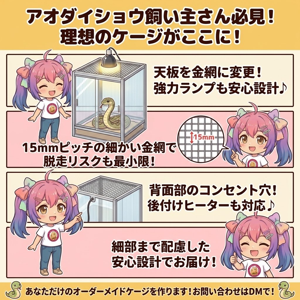 【アオダイショウ飼い主さん必見！】天板金網仕様で強力ランプも安心！こだわりのオーダーケージ