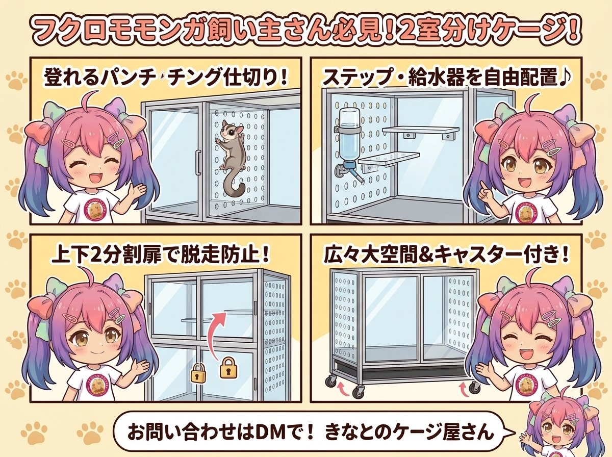 フクロモモンガ専用設計！】幅70×高70cmの立体空間＆登れるパンチング仕切りで自由自在な2室分け！TypeAモモンガケージ製作事例🐿️✨