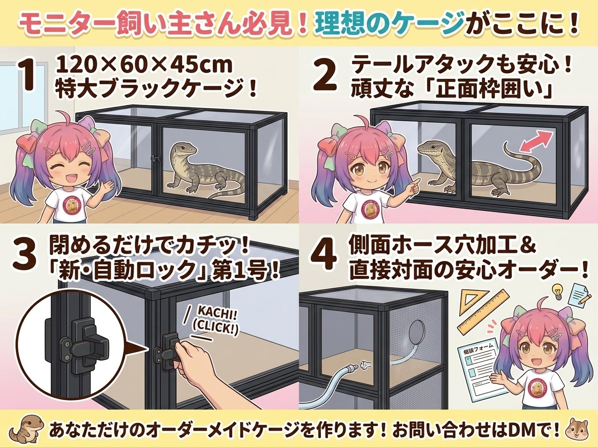 【モニター・大型爬虫類飼い主さん必見！】精悍なブラックフレーム×頑丈な正面枠囲い＆新開発「自動ロック」第1号の120cm特大ケージ🦎🔒✨