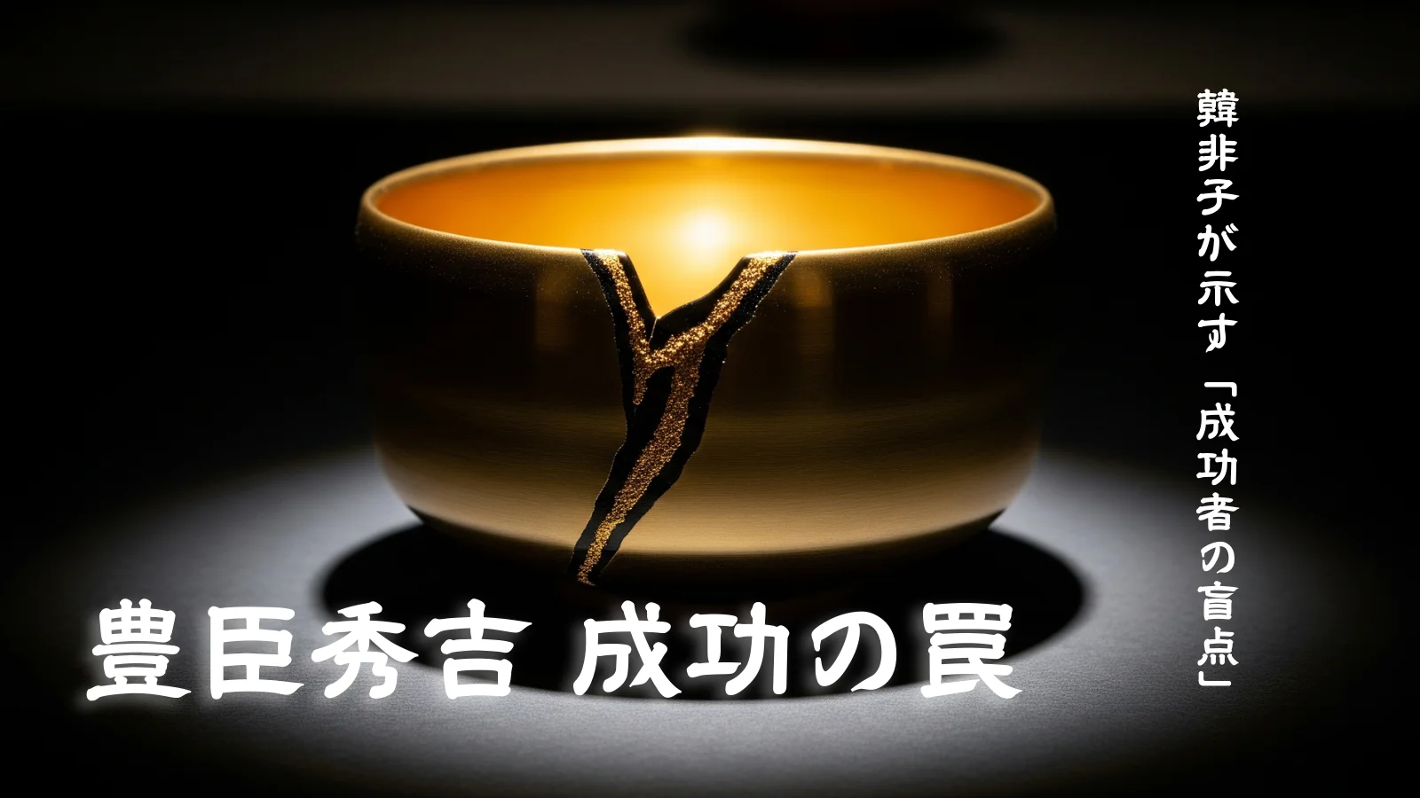 秀吉が築いた完璧な成功と、彼の権力の象徴である「完璧で豪華な黄金の茶碗」に一本の優美な亀裂が走っており、日本の金継ぎ技術で修復されている様子。これは朝鮮出兵という致命的な決断という亀裂（失敗）が、結果的に豊臣家の歴史を決定づけた、という悲劇的な美しさと、歴史のアイロニーを表します