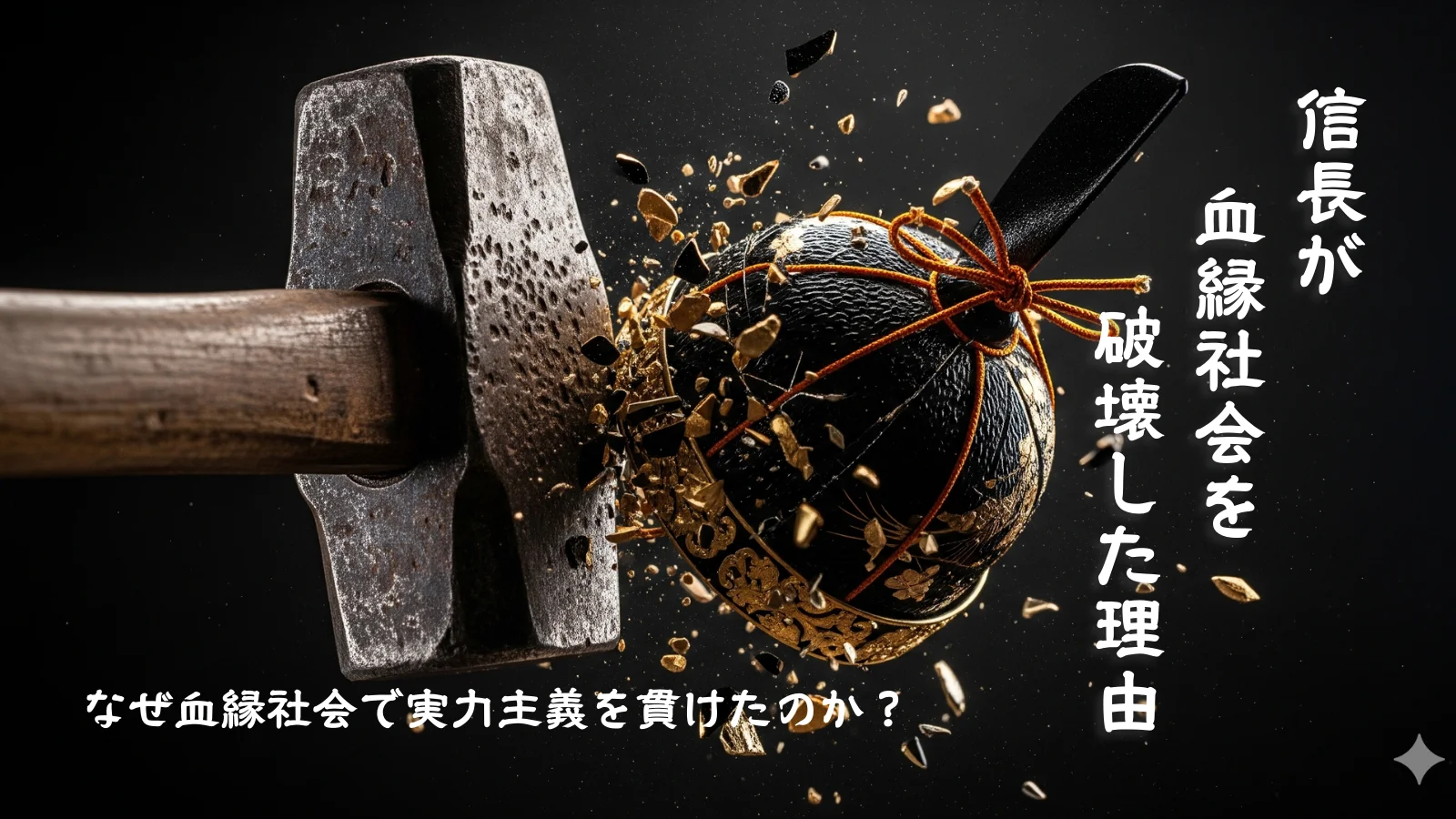 豪華な日本の伝統的な冠は血縁や家柄といった旧来の権威や既得権益を象徴します。それを大きな鉄槌が冠を打ち砕いている場面は信長の容赦ない実力主義と、旧弊を破壊する強烈な意志を表現します。既存秩序の完全な崩壊を視覚化します。
