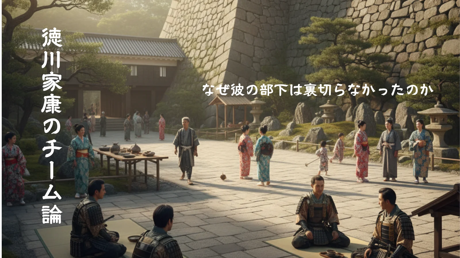 家康の組織が提供する「心理的安全性」である、日本の城の中庭の穏やかで温かい内部風景、家康の組織が多様な人々が共存する「生活の場」であることを示す、静かで秩序ある活動で賑わっている風景と侍がお茶を分かち合い、商人が談笑し、子供たちが遊んでいる場面