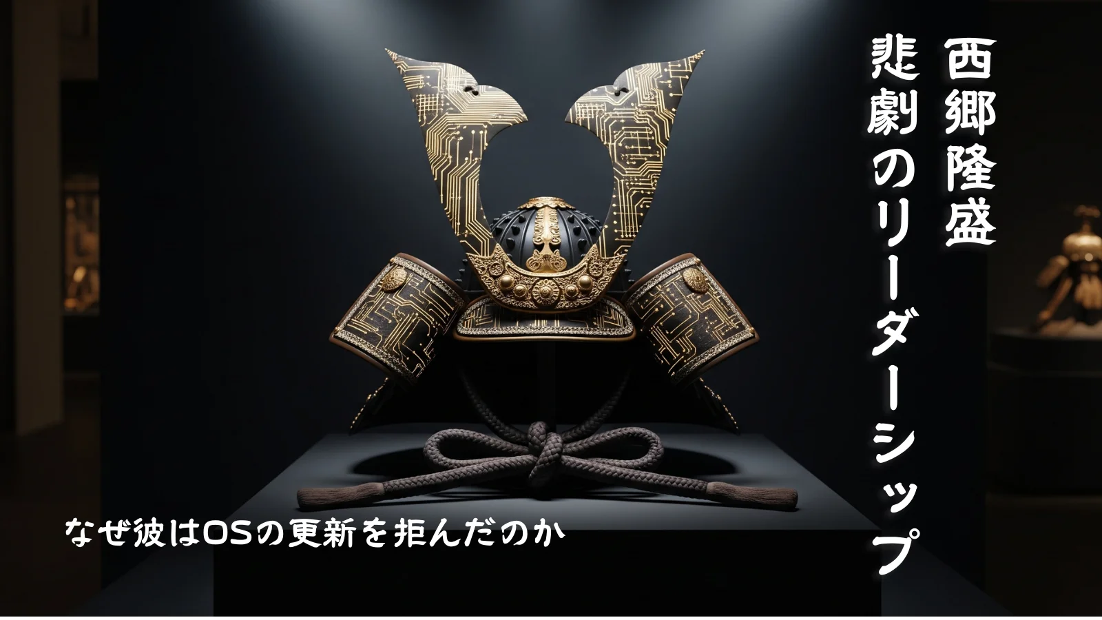 西郷が体現した武士の魂や、伝統的な価値観(論語OS)を表す兜に、輝く金色の回路基板パターンが、継ぎ目なく統合されている。これは彼が拒んだ近代的で合理的なシステム(韓非子OS)を表現している