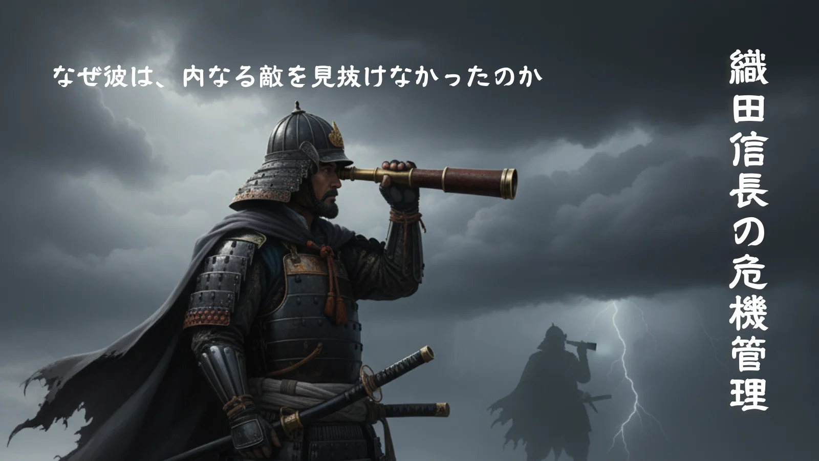 美しくアンティークな真鍮の望遠鏡を熱心に覗き込む姿は、信長の完璧な外部への危機管理能力を象徴、地平線の彼方にある嵐は今川や武田といった外敵の脅威を表します。ぼんやりと歪んだ影のような人物がすぐ背後に迫る、これに気が付かない信長。それは内部の危機（影）、すなわち光秀の存在を暗示します。