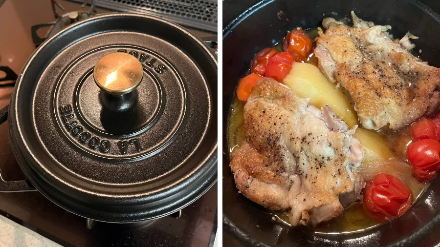 鋳物ホーロー鍋で作る「鶏もも肉とお野菜の無水調理」