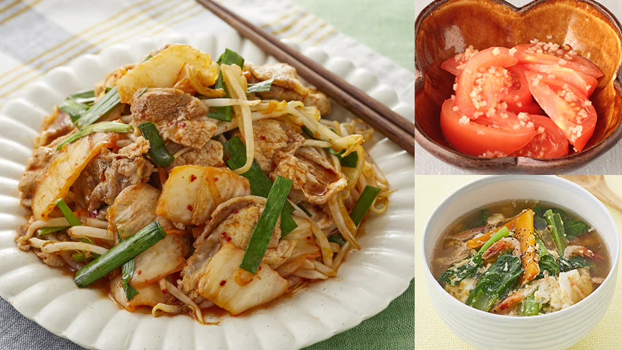 ごはんがススムこと間違いなし☆たっぷり野菜の豚キムチの献立