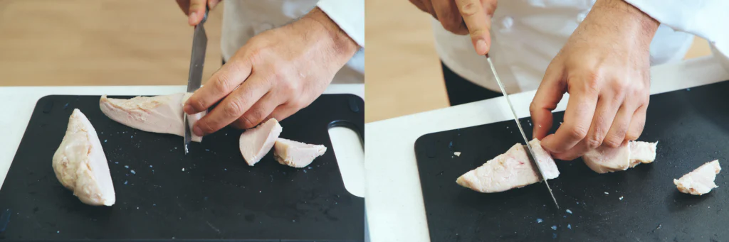 切り分ける際のポイントは、肉の繊維を断ち切るようにして、そぎ切りにすること