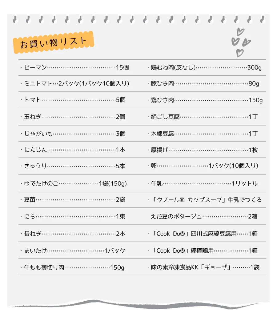 お買い物リスト ピーマン 15個、ミニトマト 2パック(1パック10個入り)、トマト 5個、玉ねぎ 2個、じゃがいも 3個、にんじん 1本、きゅうり 5本、ゆでたけのこ 1袋(150g)、豆苗 2袋、にら 1束、長ねぎ 2本、まいたけ 1パック、牛もも薄切り肉 150g、鶏むね肉(皮なし) 300g、豚ひき肉 80g、鶏ひき肉 150g、絹ごし豆腐 1丁、木綿豆腐 1丁、厚揚げ 1枚、卵 1パック(10個入り)、牛乳 1リットル、「クノール® カップスープ」牛乳でつくるえだ豆のポタージュ 2箱、「Cook Do®」四川式麻婆豆腐用 1箱、「Cook Do®」棒棒鶏用 1箱、味の素冷凍食品KK「ギョーザ」 1袋