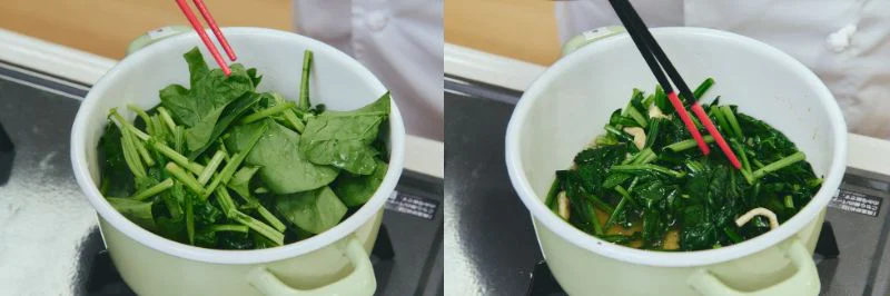 ほうれん草の量に対して、だしが少ないかも?と不安になるが、かき混ぜていくうちにほうれん草のかさが減り、しっかり味がつけられる