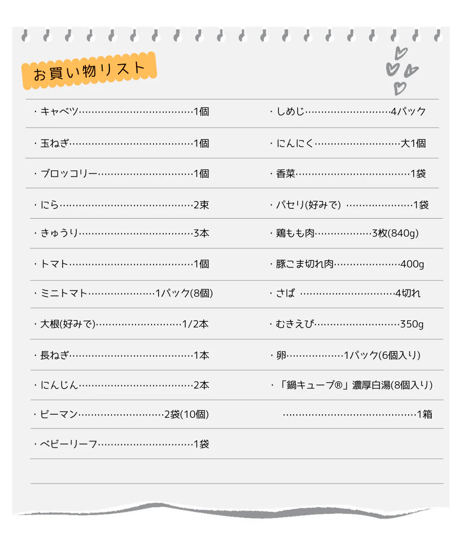 お買い物リスト キャベツ 1個。玉ねぎ 1個。ブロッコリー 1個。にら 2束。きゅうり 3本。トマト 1個。ミニトマト 1パック(8個)。大根(好みで) 1/2本。長ねぎ 1本。にんじん 2本。ピーマン 2袋(10個)。ベビーリーフ 1袋。しめじ 4パック。にんにく 大1個。香菜 1袋。パセリ(好みで) 1袋。鶏もも肉 3枚(840g)。豚こま切れ肉 400g。さば 4切れ。むきえび 350g。卵 1パック(6個入り)。「鍋キューブ®」濃厚白湯(8個入り) 1箱。