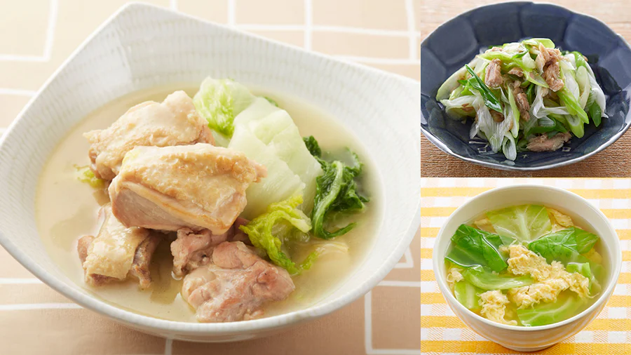 【3日目】電子レンジだけでできる、やみつき!無限長ねぎと鶏肉と白菜の煮物の献立
