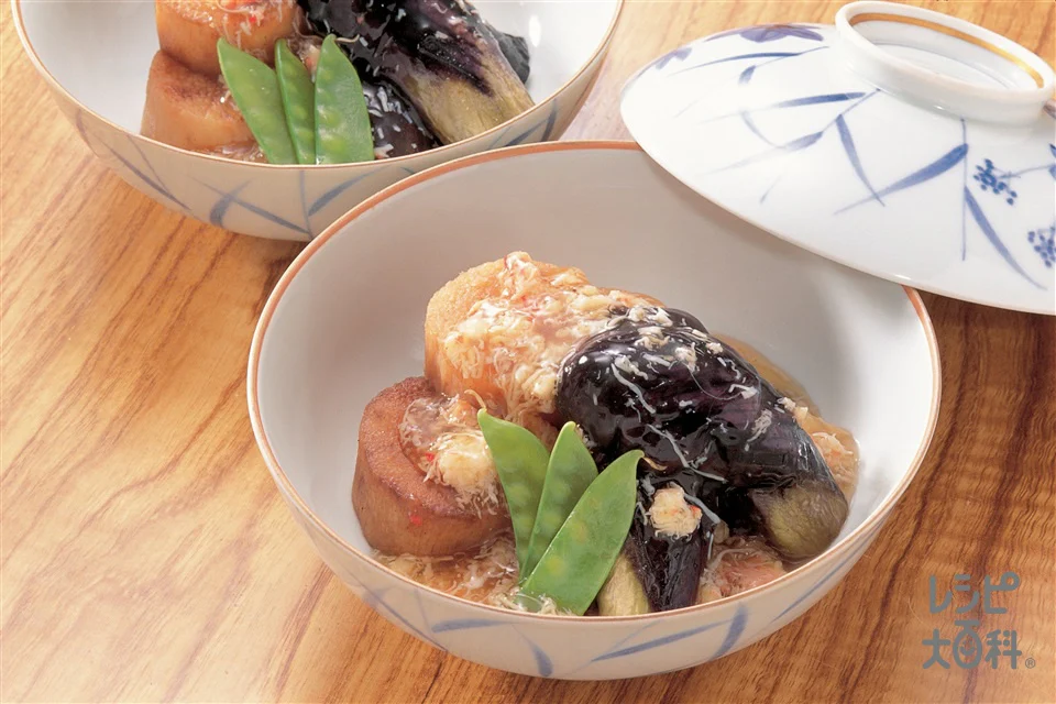 揚げなすと長いものかにあんかけ