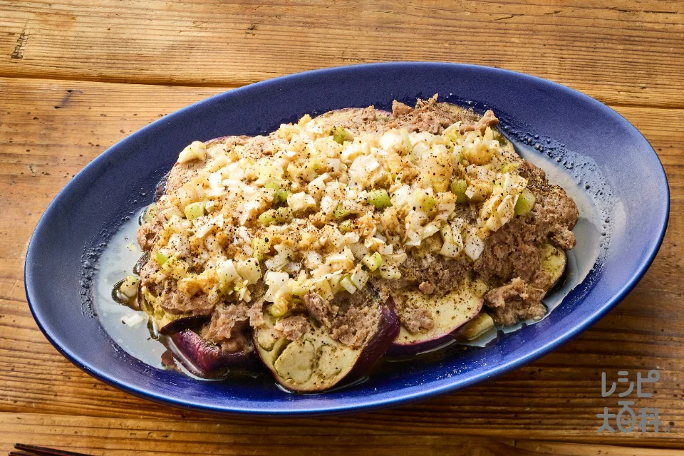 なすと豚ひき肉の地層蒸し〜香味ねぎ塩レモン〜