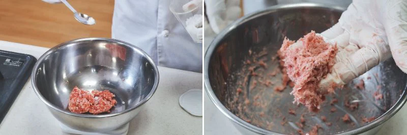 ひき肉に塩を加えた画像とひき肉を練った様子