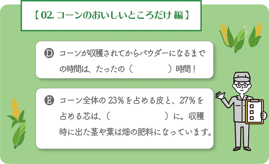 02. コーンのおいしいところだけ 編。D.コーンが収穫されてからパウダーになるまでの時間は、たったの何時間!E.コーン全体の23%を占める皮と、27%を占める芯は、何に。収穫時に出た茎や葉は畑の肥料になっています。