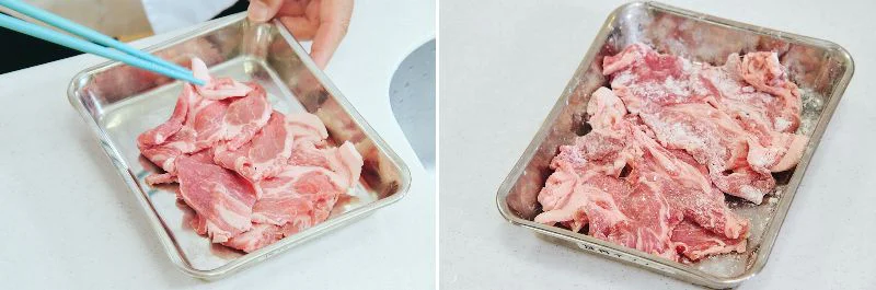 小麦粉をまぶす前とまぶした後の肉
