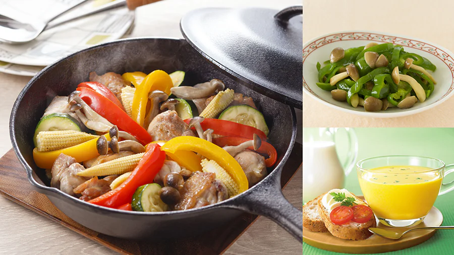 【4日目】彩りキレイな夏野菜のチキングリルと冷たい牛乳でできるスープの献立