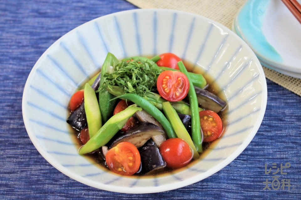 レンチン なすとアスパラといんげんの煮びたし しそ風味