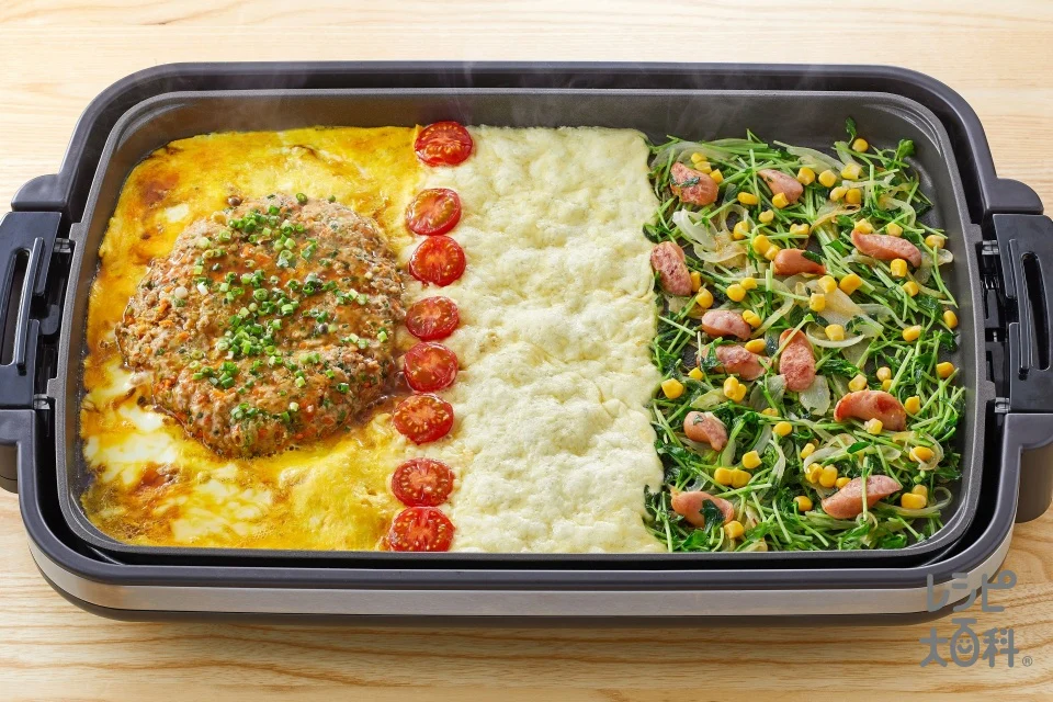 とろ卵和風ビッグベジバーグ × 豆苗とソーセージのだしマヨ炒め