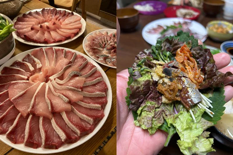 左：谷口さんがさばいたお刺身、右：韓国式のお刺身の食べ方