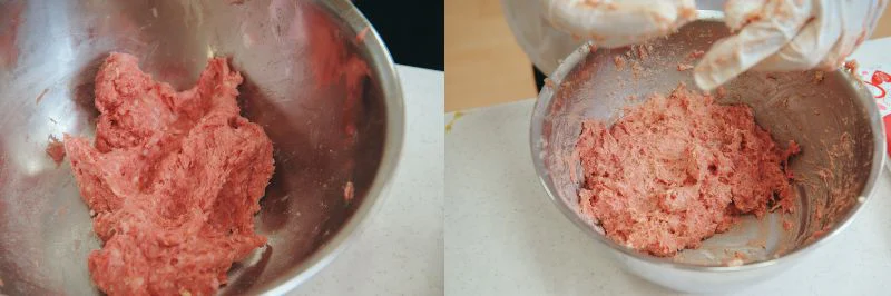 副材料を混ぜる前。右：副材料を混ぜた後。右は肉の赤みが薄れ白っぽい