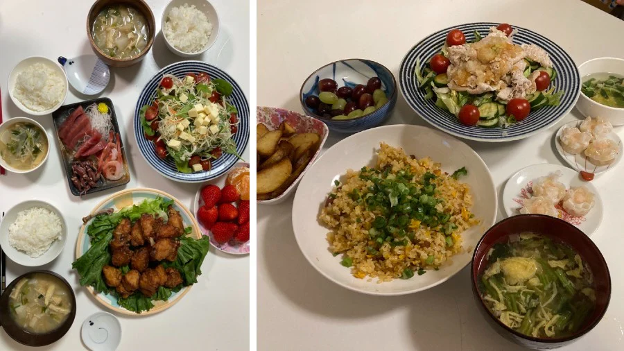 (写真左)地元で人気な惣菜店の「鶏のレモン揚げ」を活用した献立/(写真右)冷凍食品やコンビニサラダ、フリーズドライスープを活用した献立