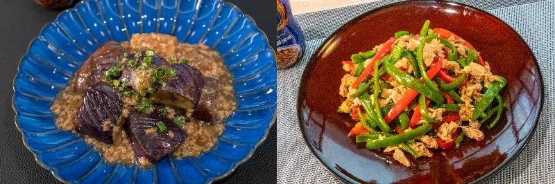 左／カピバラ03キッチンさん考案 「ナスの黒そぼろ餡かけ」 。右／COCOCOROチャンネルさん考案 「炒ソースだからできた！炒めない青椒肉絲」 。