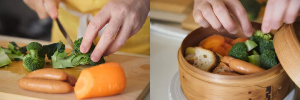 好きな材料をひと口大に切って、せいろで蒸していきます