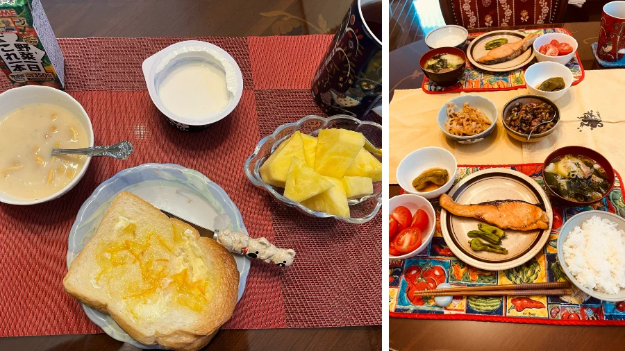 平日の朝食（左）と週末の朝食（右）