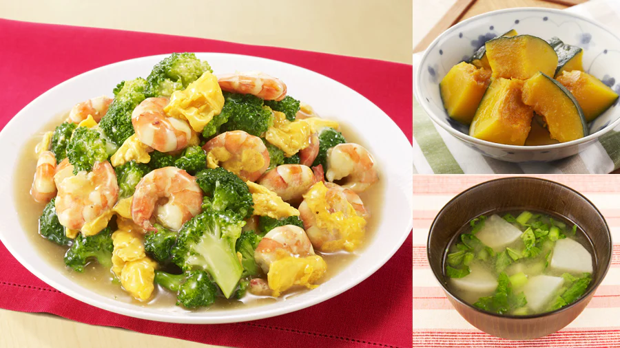 【3日目】彩り良し◎大根と葉っぱの味噌汁&ほたてを贅沢に使ったうま塩海老ブロッコリー献立