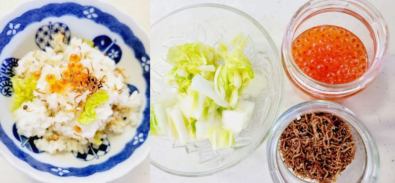 いくらの醤油漬け×じゃこの山椒煮×白菜の浅漬