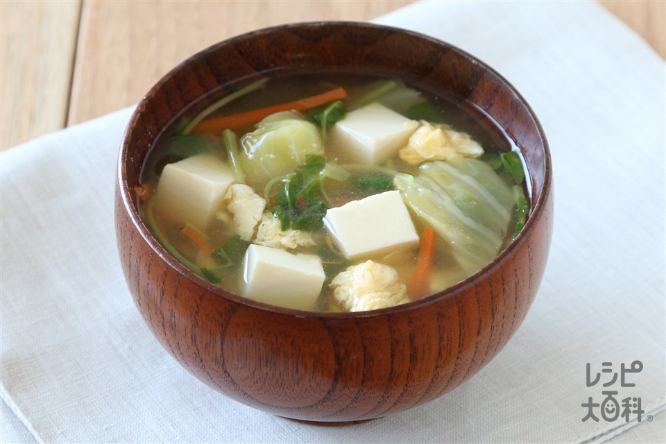キャベツと豆苗のかき玉みそ汁