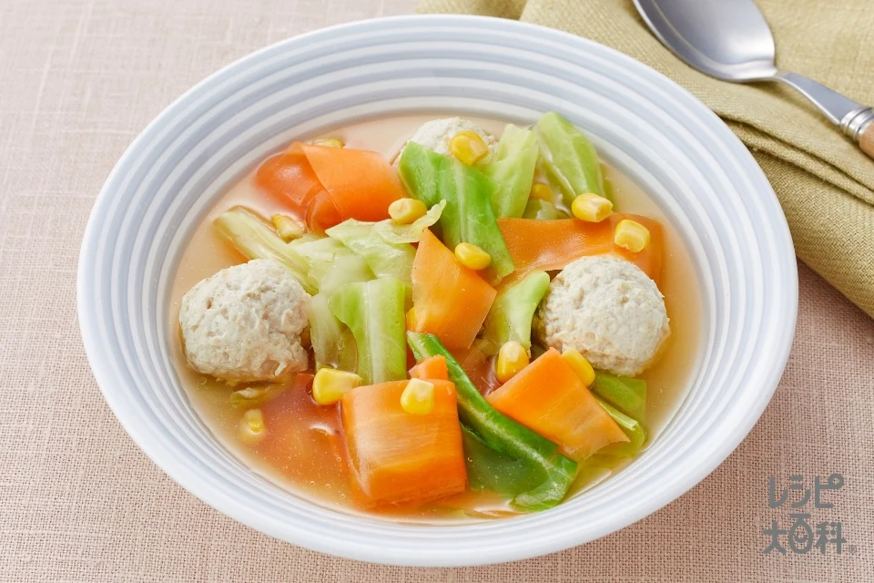 鶏団子とひらひら人参のスープ野菜<塩分控えめ>