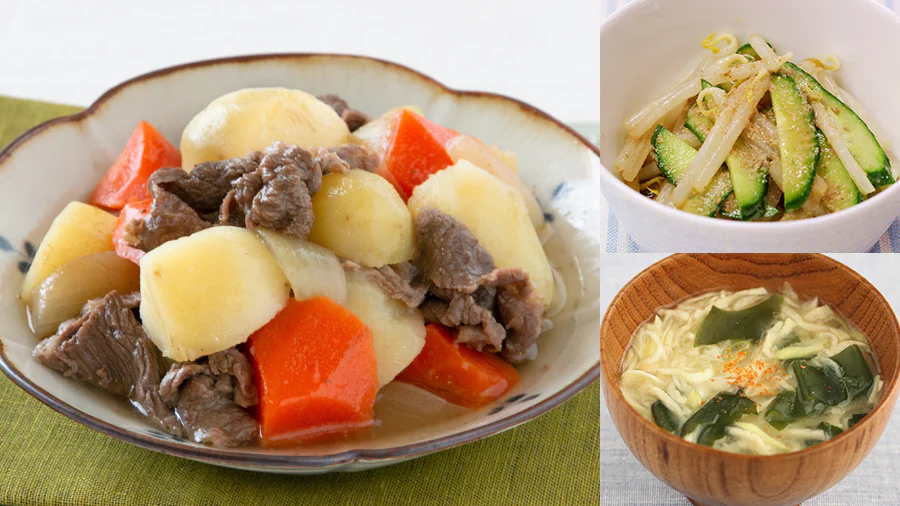さっぱりした味付けがおいしい！もやしときゅうりのごま酢あえとだし香るほっこり肉じゃがの献立