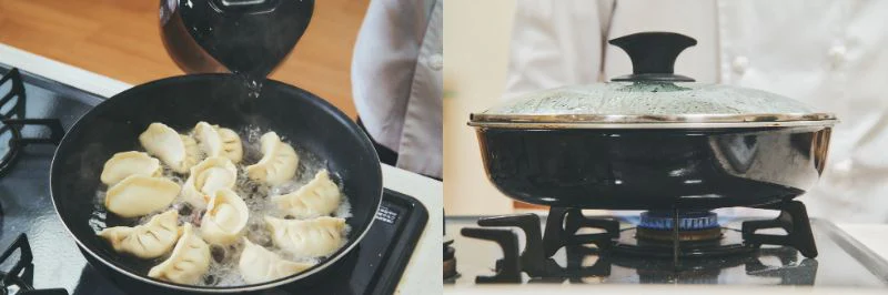 フライパンにお湯を入れふたをしている