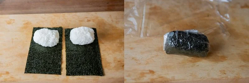 隙間がなくなったらラップで包み、のりをなじませる。