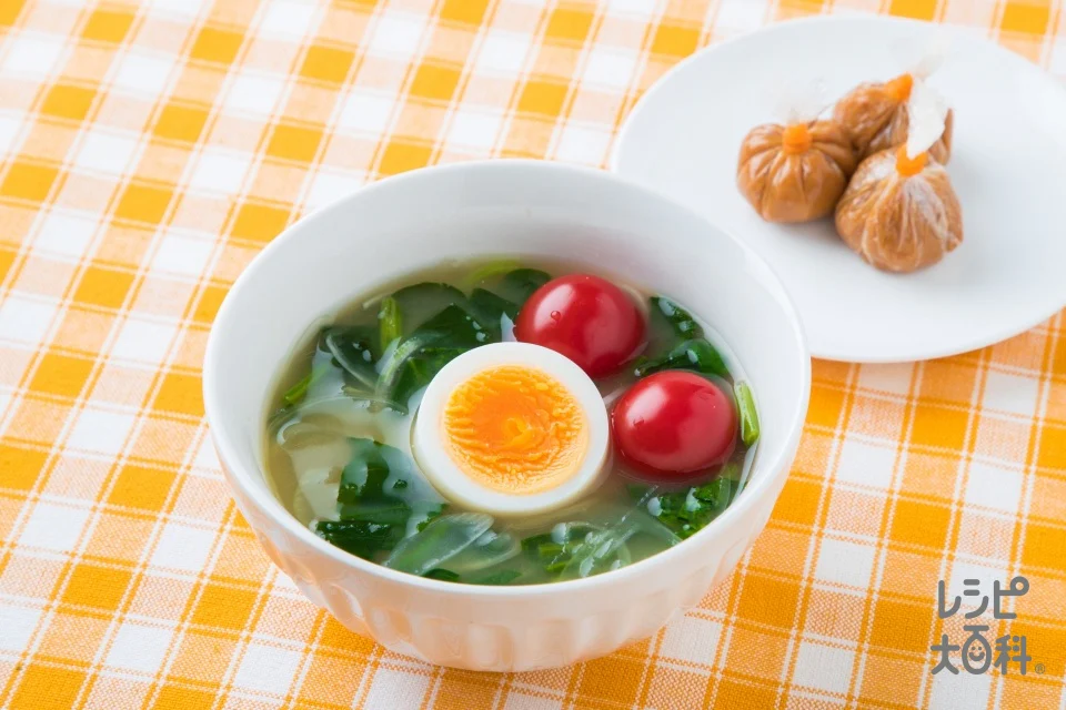 レンジで簡単!三色野菜と卵のおみそ汁