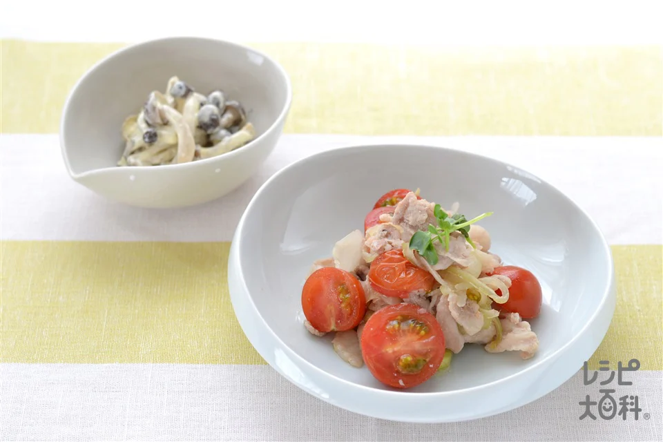 豚肉とミニトマトの中華炒めとしめじのマヨネーズ和え