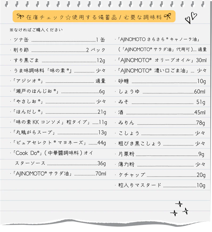 在庫チェック☆使用する備蓄品、必要な調味料※なければご購入ください。ツナ缶 1缶、削り節 2パック、すり黒ゴマ 12g、うま味調味料「味の素®」 少々、「アジシオ®」 適量、「瀬戸のほんじお®」 6g、「やさしお®」 少々、「ほんだし®」 21g、「味の素KK コンソメ」粒タイプ 11g、「丸鶏がらスープ」 13g、「ピュアセレクト® マヨネーズ」 44g、「Cook Do®」(中華醤調味料)オイスターソース 36g、「AJINOMOTO® サラダ油」 70ml、「AJINOMOTO さらさら® キャノーラ油」(「AJINOMOTO® サラダ油)代用可) 適量、「AJINOMOTO® オリーブオイル」 30ml、「AJINOMOTO® 濃い口ごま油」 少々、砂糖 10g、しょうゆ 60ml、みそ 51g、酒 45ml、みりん 78g、こしょう 少々、あらびき黒こしょう 少々、片栗粉 9g、薄力粉 少々、ケチャップ 20g、粒入りマスタード 10g
