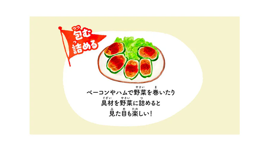 包む・詰める。ベーコンやハムで野菜を巻いたり具材を野菜に詰めると見た目も楽しい!
