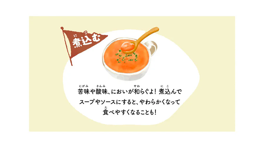 煮込む。苦味や酸味、においが和らぐよ！煮込んでスープやソースにすると、やわらかくなって食べやすくなることも！