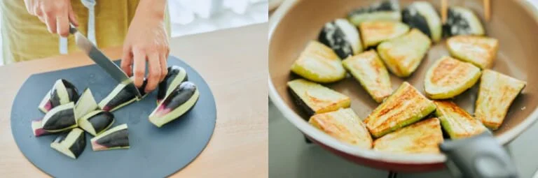 ナスは表面に片栗粉をまぶし、最初は断面を下にして焼く。皮がフタの役目を果たすため、熱が逃げず、効率的にトロっとした食感に。片栗粉により、断面が油を吸いすぎるのも防げる。