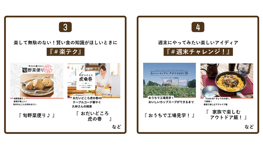 楽して無駄のない!賢い食の知識がほしいときに。「#楽テク」。週末にやってみたい楽しいアイディア。「#週末チャレンジ!」。
