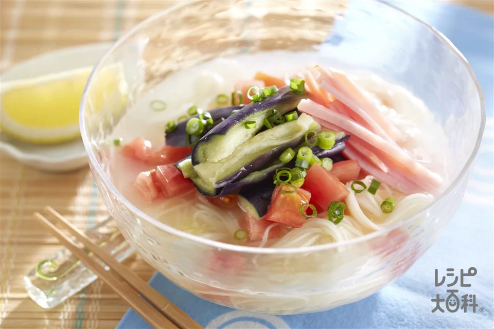 なすとトマトの塩だしぶっかけそうめん