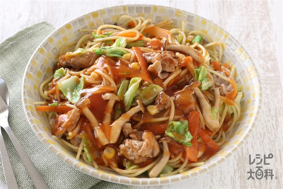 きゃべつとコーンのあんかけパスタ