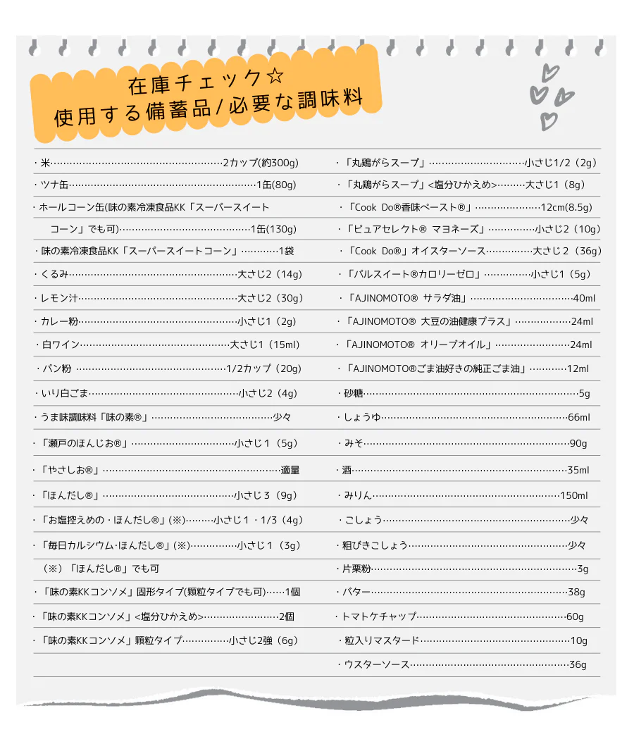 在庫チェック☆使用する備蓄品、必要な調味料 米 2カップ(約300g)、ツナ缶 1缶(80g)、ホールコーン缶(味の素冷凍食品KK「スーパースイートコーン」でも可) 1缶(130g)、味の素冷凍食品KK「スーパースイートコーン」 1袋、くるみ 大さじ2(14g)、レモン汁 大さじ2(30g)、カレー粉 小さじ1(2g)、パン粉 1/2カップ(20g)、いり白ごま さじ2(4g)、うま味調味料「味の素®」 少々、「瀬戸のほんじお®」 小さじ1(5g)、「やさしお®」 適量、「ほんだし®」 小さじ3(9g)、「お塩控えめの・ほんだし®」(※) 小さじ1・1/3(4g)、「毎日カルシウム・ほんだし®」(※)小さじ1(3g)(※)「ほんだし®」でも可、「味の素KKコンソメ」固形タイプ(顆粒タイプでも可) 1個、「味の素KKコンソメ」<塩分ひかえめ> 2個、「味の素KKコンソメ」顆粒タイプ 小さじ2強(6g)、「丸鶏がらスープ」 小さじ1/2(2g)、「丸鶏がらスープ」<塩分ひかえめ> 大さじ1(8g)、「Cook Do®香味ペースト®」 12cm(8.5g)、「ピュアセレクト®マヨネーズ」 小さじ2(10g)、「Cook Do®」オイスターソース 大さじ2(36g)、「パルスイート®カロリーゼロ」 小さじ1(5g)、「AJINOMOTO® サラダ油」 40ml、「AJINOMOTO® 大豆の油健康プラス」 24ml、「AJINOMOTO® オリーブオイル」 24ml、「AJINOMOTO® ごま油好きの純正ごま油」 12ml、砂糖 5g、しょうゆ 66ml、みそ 90g、酒 35ml、みりん 150ml、こしょう 少々、粗びきこしょう 少々、片栗粉 3g、バター 38g、トマトケチャップ 60g、粒入りマスタード 10g、ウスターソース 36g
