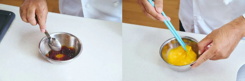 調味料を混ぜる写真と、卵を混ぜる写真
